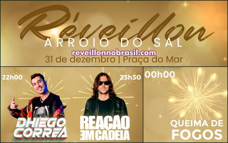 Arroio do Sal Réveillon 2025 no litoral norte gaúcho : queima de fogos e show da banda Reação em Cadeia na virada de ano na Praça do Mar