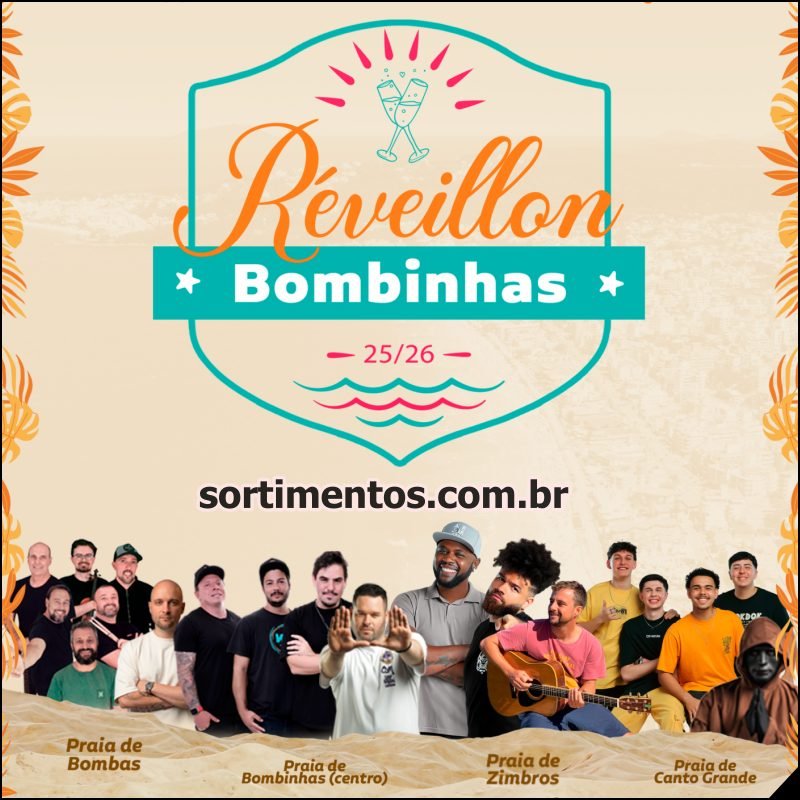 Programação Réveillon 2026 em Bombinhas : shows e queima de fogos na virada de ano nas praias do Canto, Centro, Bombas e Zimbros