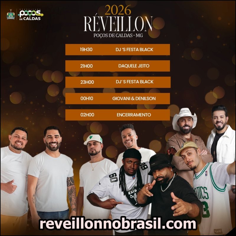 Programação Réveillon 2026 de Poços de Caldas na Praça Pedro Sanches : shows e queima de fogos na virada de ano