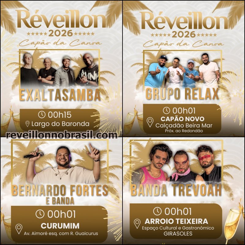 Capão da Canoa Réveillon 2026 : shows no Largo do Baronda, em Arroio Teixeira, Capão Novo e Curumim